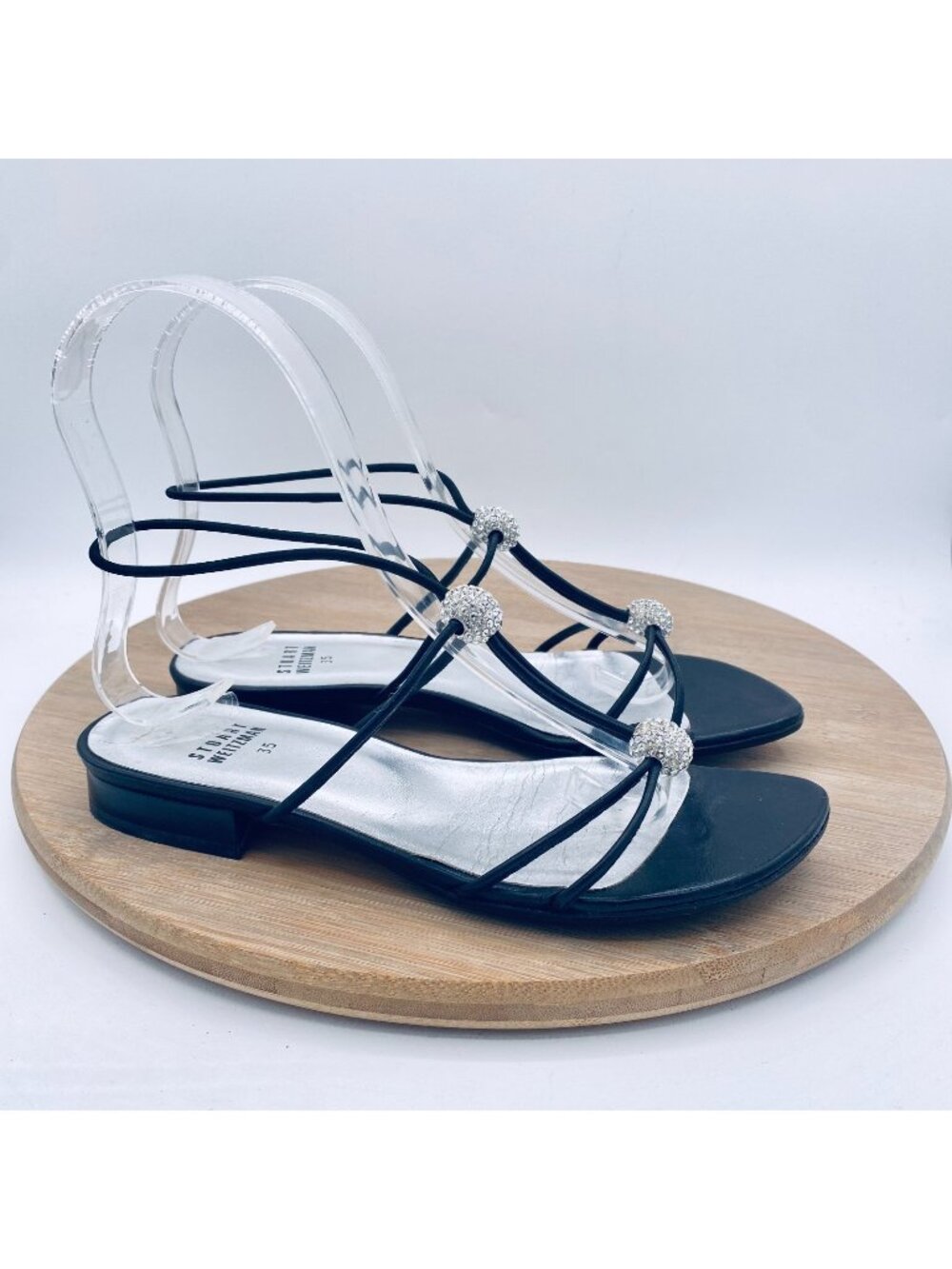 Stuart Weitzman Sandals Womens 5.5/6 Black Leather Ankle Strap Flats Rhinestone